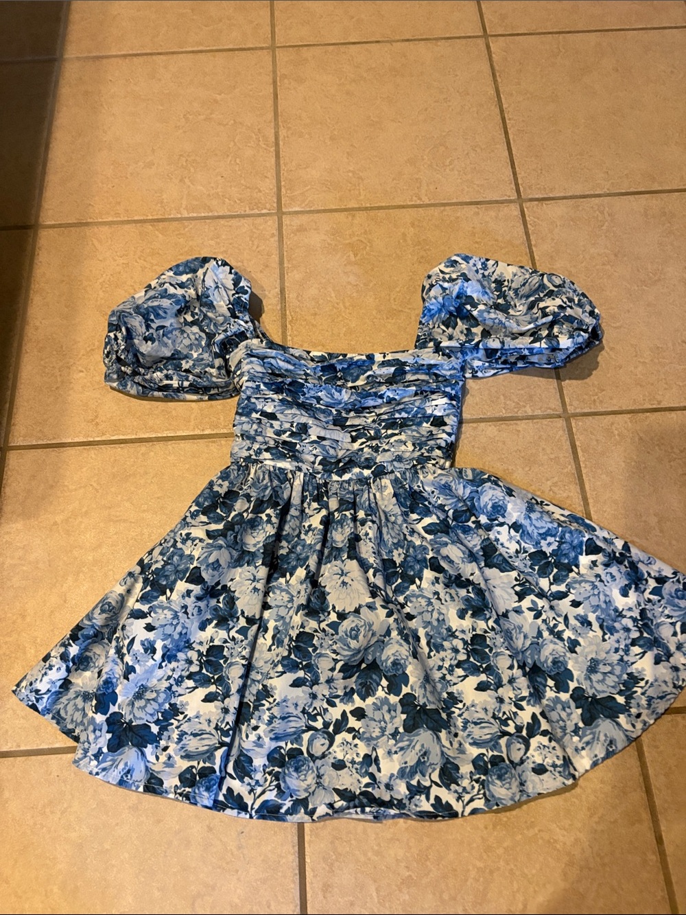 Blue Floral Puff-Sleeve women’s Dress